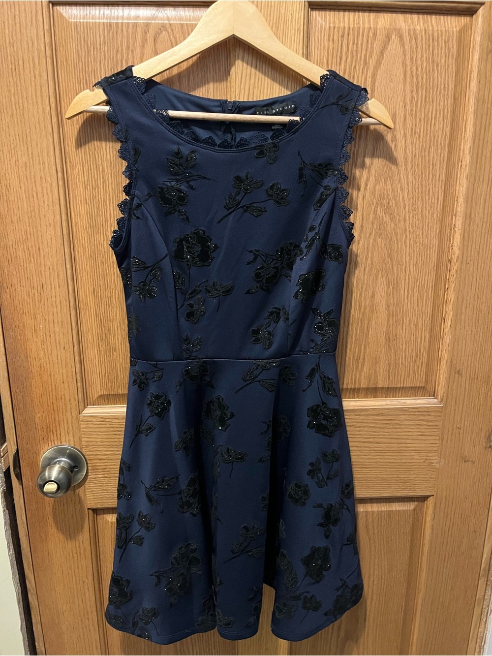 City Studio Navy Dress with Black Floral Appliqué